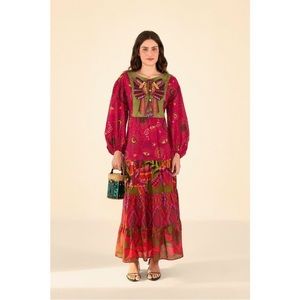 NWT FARM Rio Mixed Prints Embroidered Yoke Maxi Dress